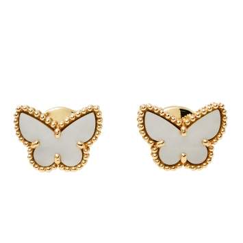 Pre Owned Van Cleef & Arpels Sweet Alhambra Butterfly Mother of Pearl 18K Yellow Gold Stud Earrings
