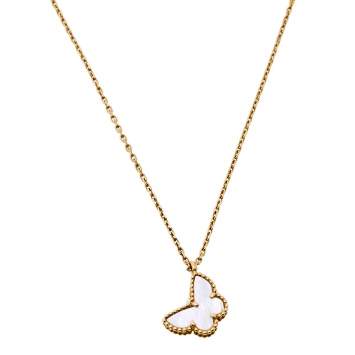 Pre Owned Van Cleef & Arpels Sweet Alhambra Butterfly Mother of Pearl 18K Yellow Gold Pendant Necklace