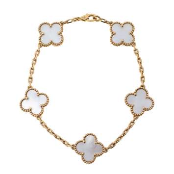 Pre Owned Van Cleef & Arpels Vintage Alhambra Mother of Pearl 18K Yellow Gold 5 Motif Bracelet
