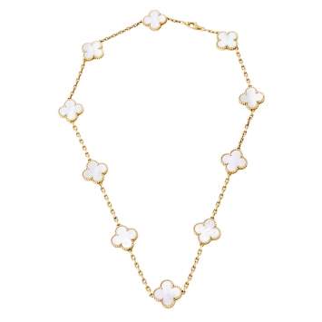 Pre Owned Van Cleef & Arpels Vintage Alhambra Mother of Pearl 18K Yellow Gold 10 Motif Station Necklace