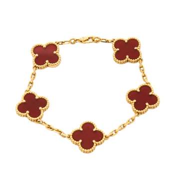 Pre Owned Van Cleef & Arpels Vintage Alhambra Carnelian 18K Yellow Gold Station Bracelet
