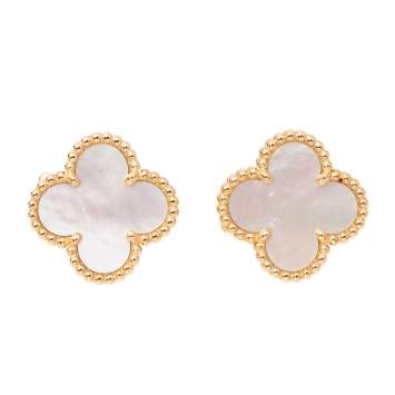 Pre Owned Van Cleef & Arpels Vintage Alhambra 18K Yellow Gold Mother of Pearl Stud Earrings