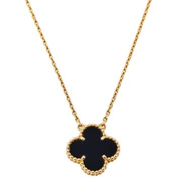 Pre Owned Van Cleef & Arpels Vintage Alhambra 18K Yellow Gold Onyx Pendant Necklace