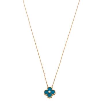 Pre Owned Van Cleef & Arpels Vintage Alhambra Blue Inlay Diamond 18K Yellow Gold Pendant Necklace