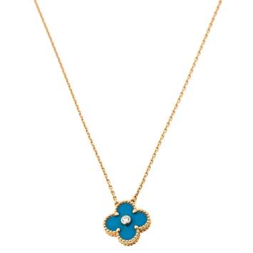Pre Owned Van Cleef & Arpels Vintage Alhambra 18K Yellow Gold Celestial Blue Sèvres Pendant Necklace
