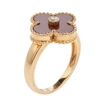 Pre Owned Van Cleef & Arpels Vintage Alhambra Carnelian 18K Yellow Gold Diamond Ring Size EU 52