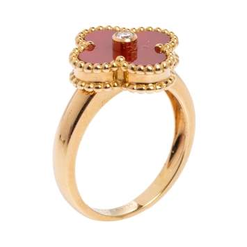 Pre Owned Van Cleef & Arpels Vintage Alhambra 18K Yellow Gold Diamond & Carnelian Ring Size 54