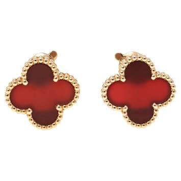 Pre Owned Van Cleef & Arpels Vintage Alhambra Carnelian 18K Yellow Gold Stud Earrings