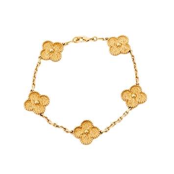 Pre Owned Van Cleef & Arpels Vintage Alhambra 5 Motif 18K Yellow Gold Station Bracelet 