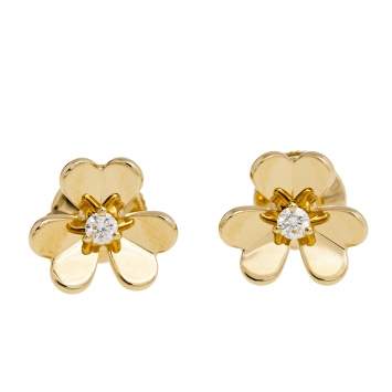 Pre Owned Van Cleef & Arpels Frivole Diamond 18K Yellow Gold Mini Model Stud Earrings