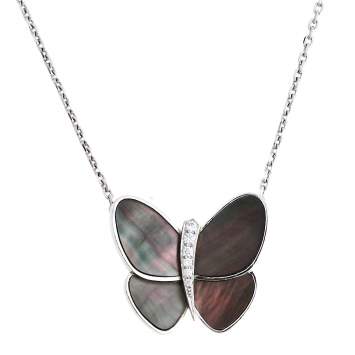 Pre Owned Van Cleef & Arpels Grey Mother of Pearl Diamond 18k White Gold Butterfly Pendant Necklace