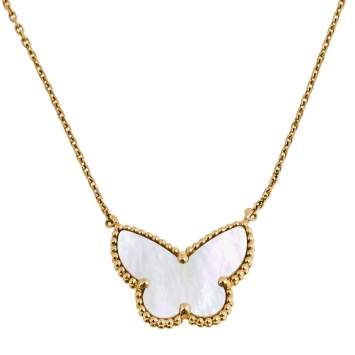 Pre Owned Van Cleef and Arpels Lucky Alhambra Butterfly Mother of Pearl 18k Yellow Gold Pendant Necklace