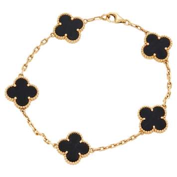 Pre Owned Van Cleef & Arpels Vintage Alhambra Onyx 5 Motif 18K Yellow Gold Station Bracelet