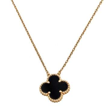 Pre Owned  Van Cleef & Arpels Vintage Alhambra Onyx 18k Yellow Gold Pendant Necklace