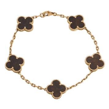 Pre Owned Van Cleef & Arpels Vintage Alhambra 5 Motif Wood 18k Rose Gold Bracelet 