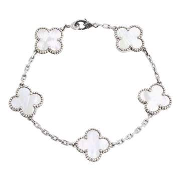 Pre Owned Van Cleef & Arpels Vintage Alhambra Mother of Pearl 18K White Gold 5-Motif Bracelet