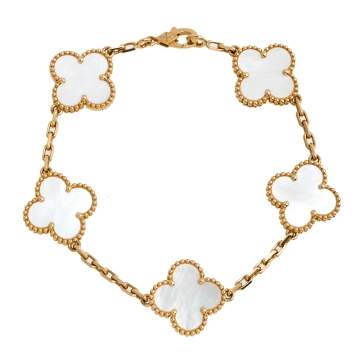 Pre Owned Van Cleef & Arpels Vintage Alhambra 5 Motif Mother of Pearl 18K Yellow Gold Station Bracelet