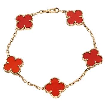 Pre Owned Van Cleef & Arpels Vintage Alhambra Carnelian 18K Yellow Gold 5-Motif Bracelet 