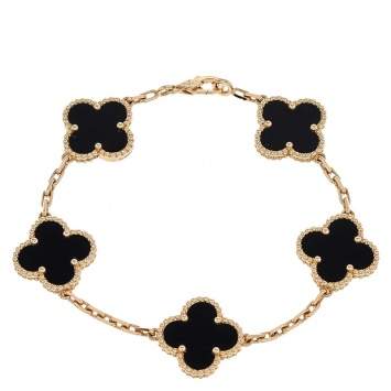 Pre Owned Van Cleef & Arpels Vintage Alhambra Onyx 18K Yellow Gold 5-Motif Bracelet