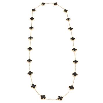 Pre Owned Van Cleef & Arpels Vintage Alhambra Onyx 20 Motif 18K Yellow Gold Long Station Necklace