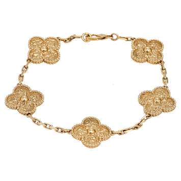 Pre Owned Van Cleef & Arpels Vintage Alhambra Textured 5 Motif 18K Yellow Gold Station Bracelet