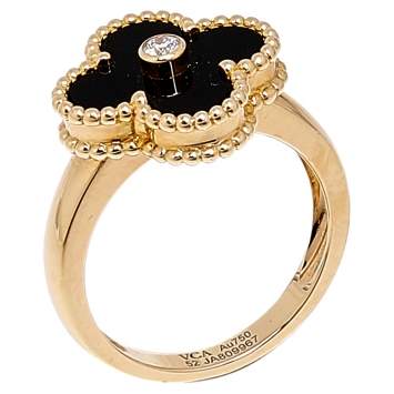 Pre Owned Van Cleef & Arpels Vintage Alhambra Onyx Diamond 18K Yellow Gold Ring 52