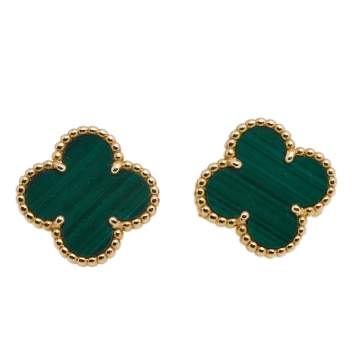 Pre Owned Van Cleef & Arpels Vintage Alhambra Malachite 18K Yellow Gold Stud Earrings