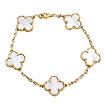 Pre Owned  Van Cleef & Arpels Vintage Alhambra Mother of Pearl 18K Yellow Gold 5-Motif Station Bracelet