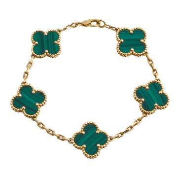Pre Owned Van Cleef & Arpels Vintage Alhambra Malachite 18K Yellow Gold 5-Motif Station Bracelet