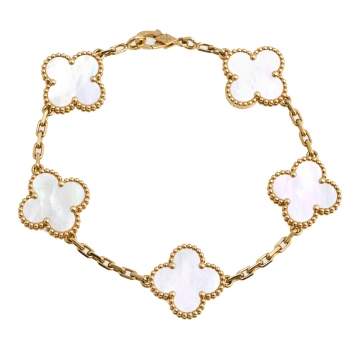 Pre Owned Van Cleef & Arpels Vintage Alhambra 5 Motif Mother of Pearl 18K Yellow Gold Station Bracelet