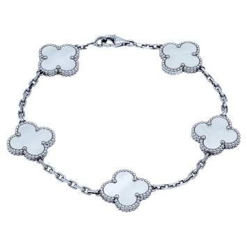 Pre Owned Van Cleef & Arpels Vintage Alhambra 5 Motif Mother of Pearl 18K White Gold Station Bracelet