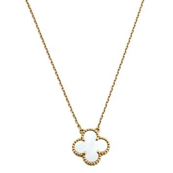 Pre Owned Van Cleef & Arpels Vintage Alhambra Mother of Pearl 18K Yellow Gold Pendant Necklace