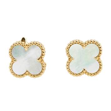 Pre Owned Van Cleef & Arpels Vintage Alhambra Mother of Pearl 18K Yellow Gold Earrings 