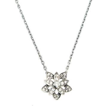 Pre Owned Van Cleef & Arpels Lotus Diamond 18k White Gold Openwork Mini Model Pendant Necklace 