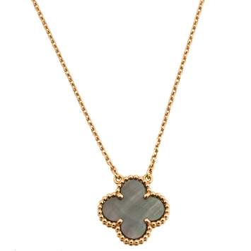Pre Owned Van Cleef & Arpels Vintage Alhambra Grey Mother of Pearl 18K Yellow Gold Pendant Necklace