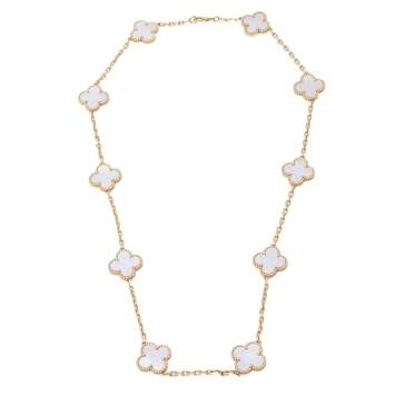 Pre Owned Van Cleef & Arpels Vintage Alhambra 10 Motifs Mother of Pearl 18k Yellow Gold Station Necklace