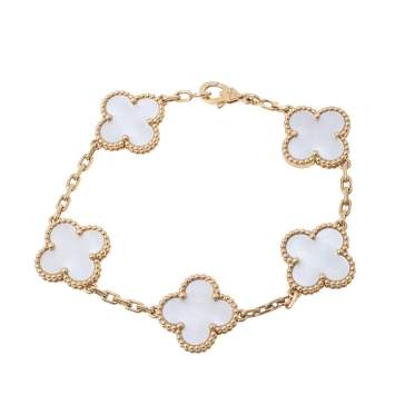 Pre Owned Van Cleef & Arpels Vintage Alhambra Mother of Pearl 18K Yellow Gold 5 Motif Station Bracelet