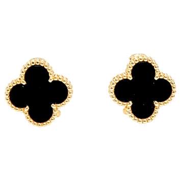 Pre Owned Van Cleef & Arpels Vintage Alhambra Onyx 18k Yellow Gold Stud Earrings