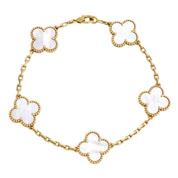 Pre Owned Van Cleef & Arpels Vintage Alhambra Mother of Pearl 18K Yellow Gold 5 Motif Station Bracelet