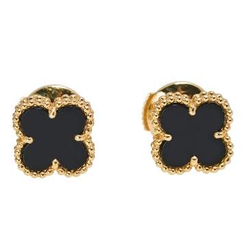 Pre Owned Van Cleef & Arpels Sweet Alhambra Onyx 18k Yellow Gold Earrings