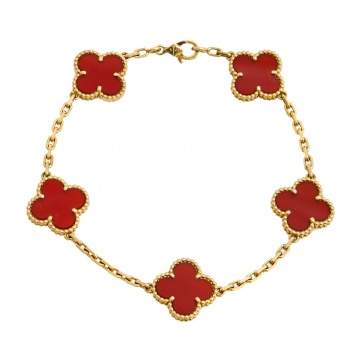 Pre Owned Van Cleef & Arpels Vintage Alhambra Carnelian 18K Yellow Gold 5 Motif Station Bracelet