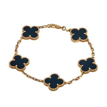 Pre Owned Van Cleef & Arpels Vintage Alhambra 5 Motif Onyx 18k Yellow Gold Station Bracelet