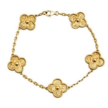 Pre Owned Van Cleef & Arpels Vintage Alhambra Textured 5 Motif 18K Yellow Gold Station Bracelet