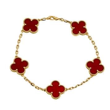 Pre Owned Van Cleef & Arpels Vintage Alhambra 5 Motifs Carnelian 18K Yellow Gold Station Bracelet