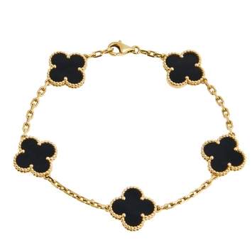 Pre Owned Van Cleef & Arpels Vintage Alhambra Onyx 18K Yellow Gold 5 Motif Station Bracelet