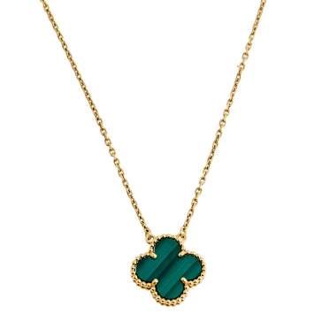 Pre Owned Van Cleef & Arpels Vintage Alhambra Malachite 18k Yellow Gold Necklace