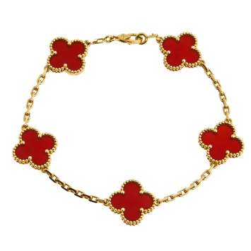 Pre Owned Van Cleef & Arpels Vintage Alhambra 5 Motifs Carnelian 18K Yellow Gold Station Bracelet