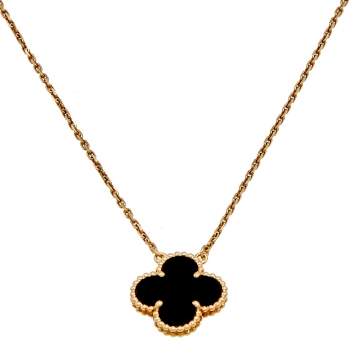 Pre Owned Van Cleef & Arpels Vintage Alhambra Onyx 18k Yellow Gold Pendant Necklace 