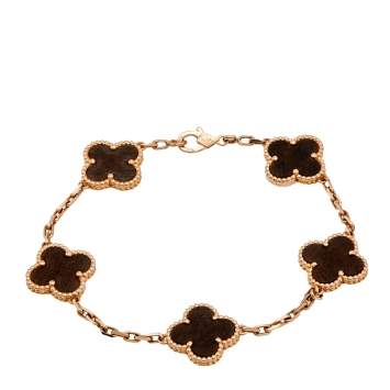 Pre Owned Van Cleef & Arpels Vintage Alhambra 5 Motif Wood 18k Rose Gold Bracelet 