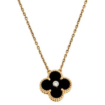 Pre Owned Van Cleef & Arpels Vintage Alhambra Diamond Onyx 18k Rose Gold Pendant Necklace